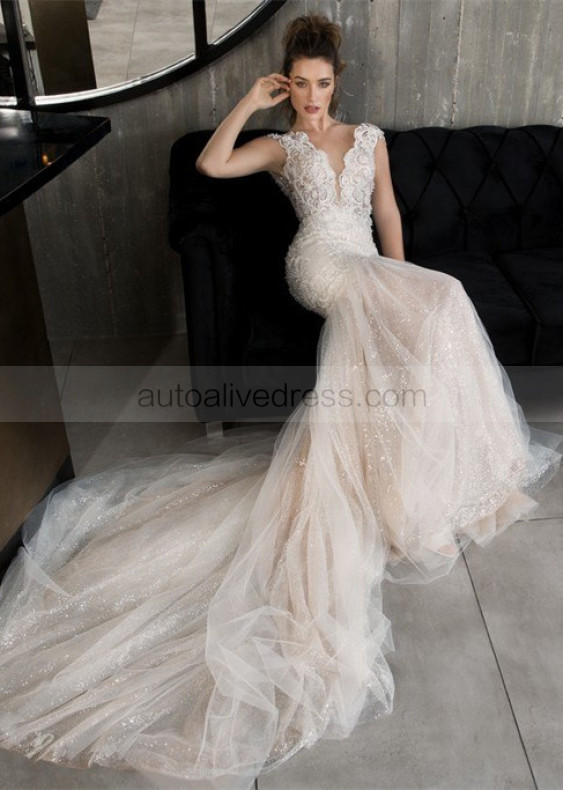 Cap Sleeves Beaded Lace Tulle Wedding Dress